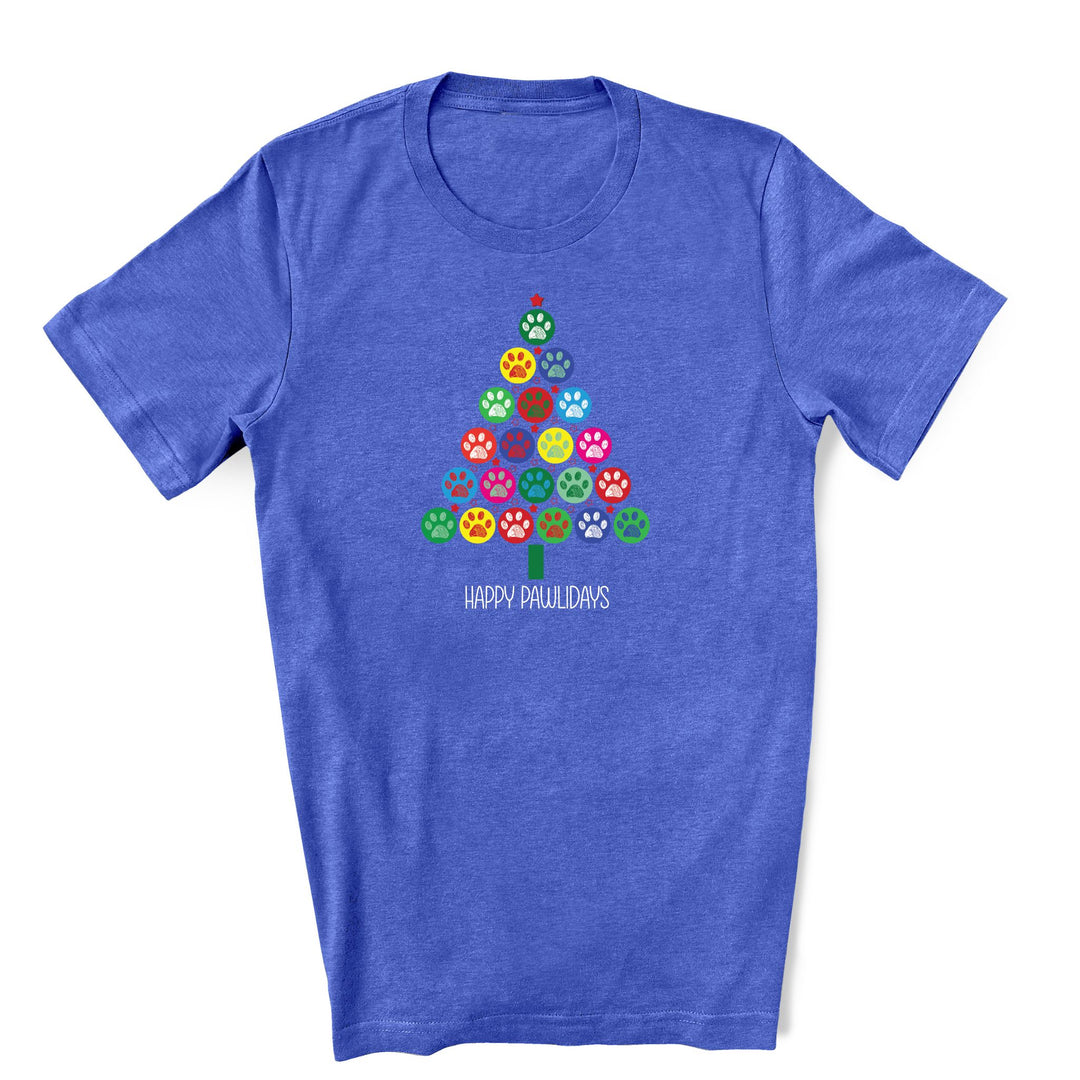 Blue t-shirt featuring a colorful Christmas tree made of paw prints with the text "Happy Pawlidays" in white.
