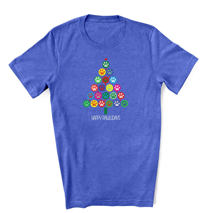 Blue t-shirt featuring a colorful Christmas tree made of paw prints with the text "Happy Pawlidays" in white.
