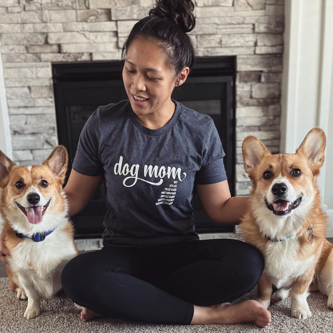 Dog mom t-shirt in heather navy - featuring dog mom with corgis - Luv the Paw