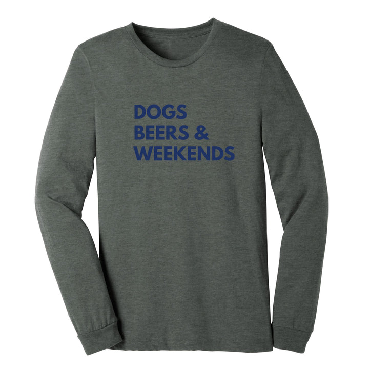 Dogs Beers & Weekends long sleeve t-shirt in deep heather with blue font