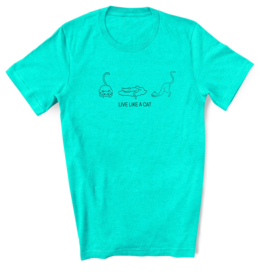 Image of a soft, heather sea green t-shirt with a playful and detailed illustration showcasing three cats in various poses – one stretching gracefully, another curled up for a nap, and the third one crouched and ready to pounce. The artwork beautifully captures the essence of cats' elegance and spontaneity.