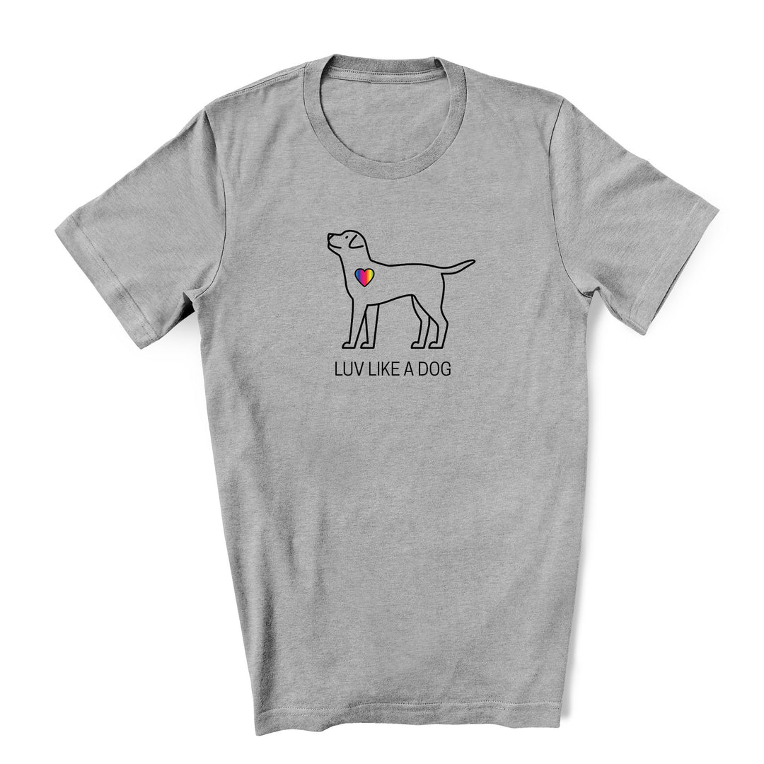 A gray Pride Shirt with a simple outline dog with a rainbow heart with text Luv Like A Dog