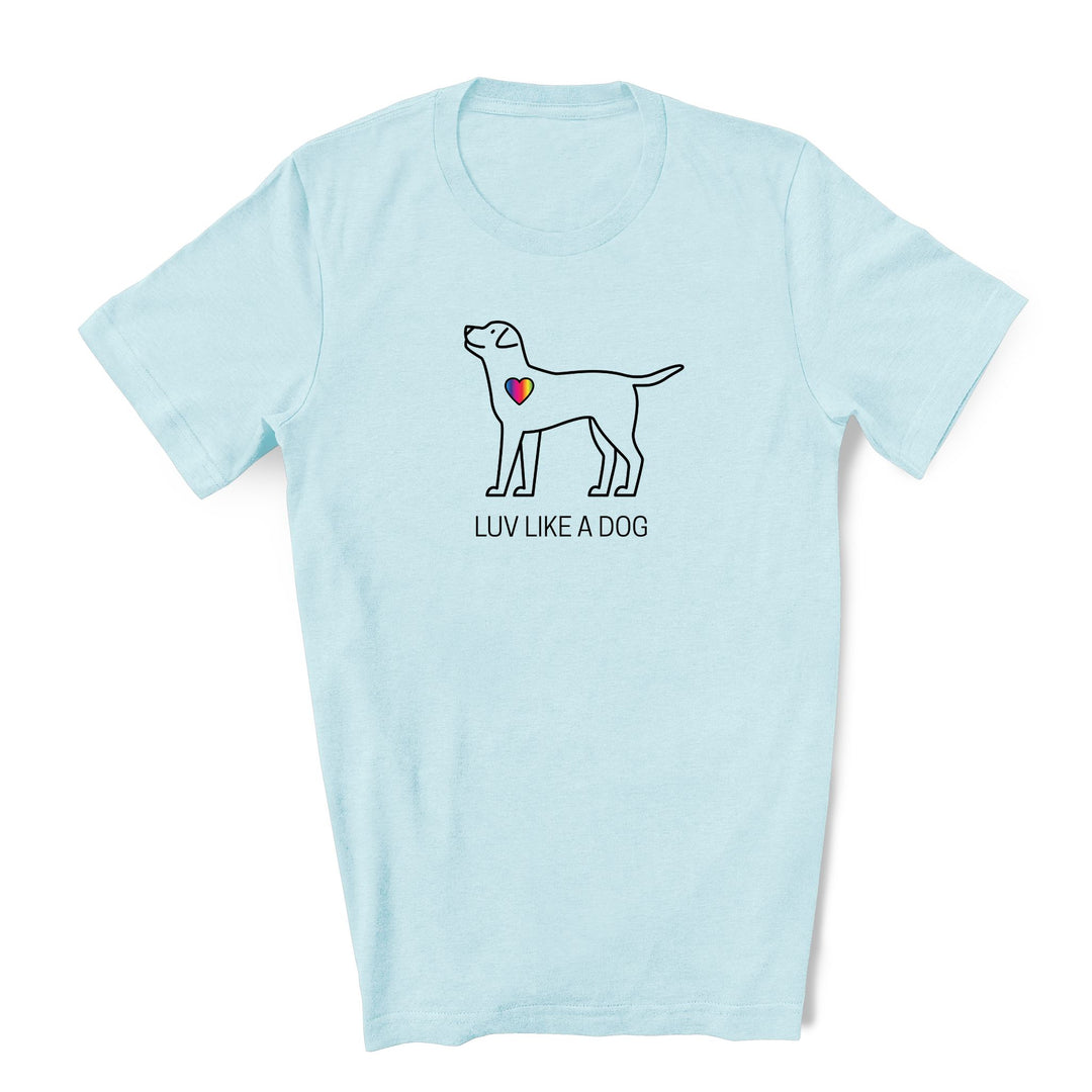 Pride Shirt with a simple outline dog with a rainbow heart with text Luv Like A Dog heather ice blue