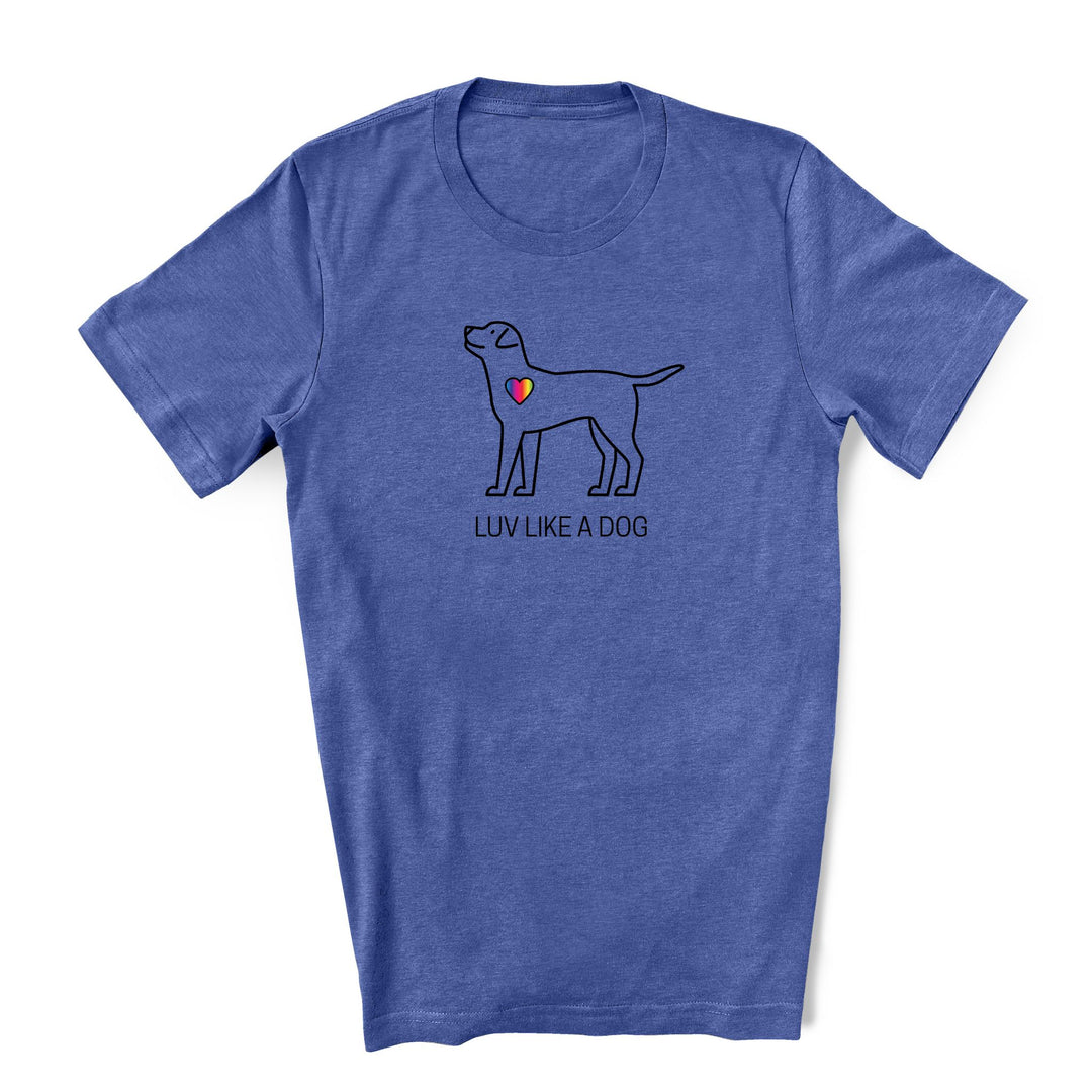 A royal blue Pride Shirt with a simple outline dog with a rainbow heart with text Luv Like A Dog