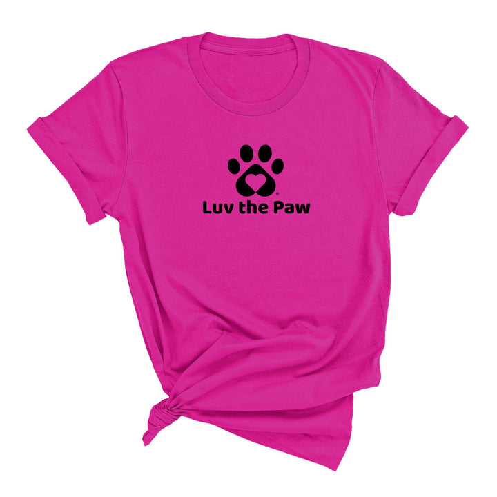 Black Luv the Paw logo on a berry color t-shirt
