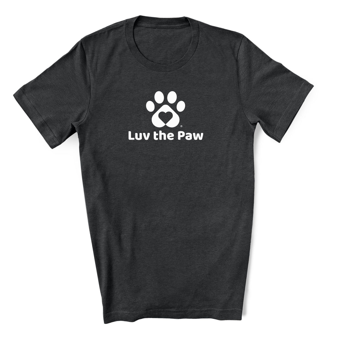 White Luv the Paw logo on a dark grey heather t-shirt