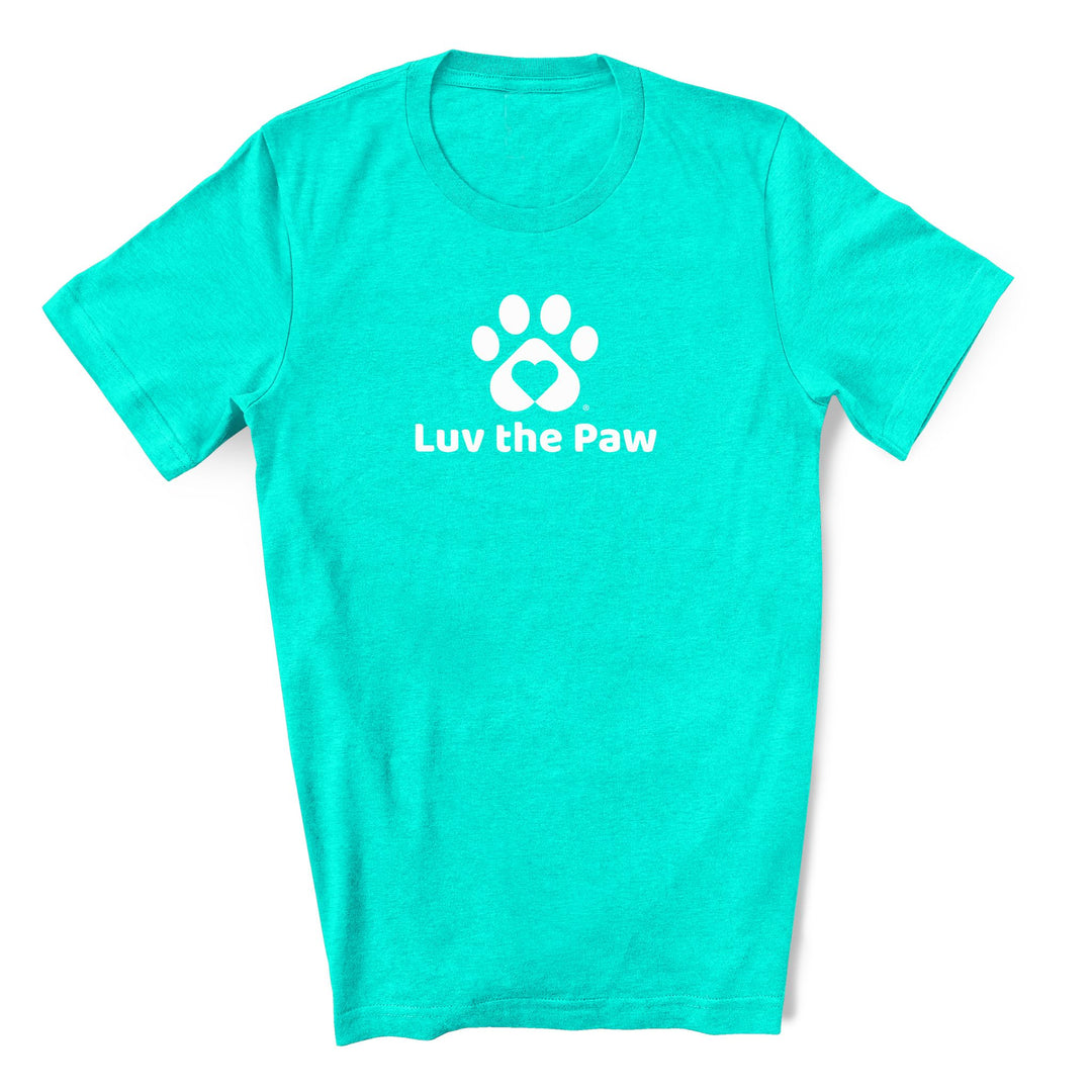 Luv the Paw logo in white on a heather seagreen t-shirt
