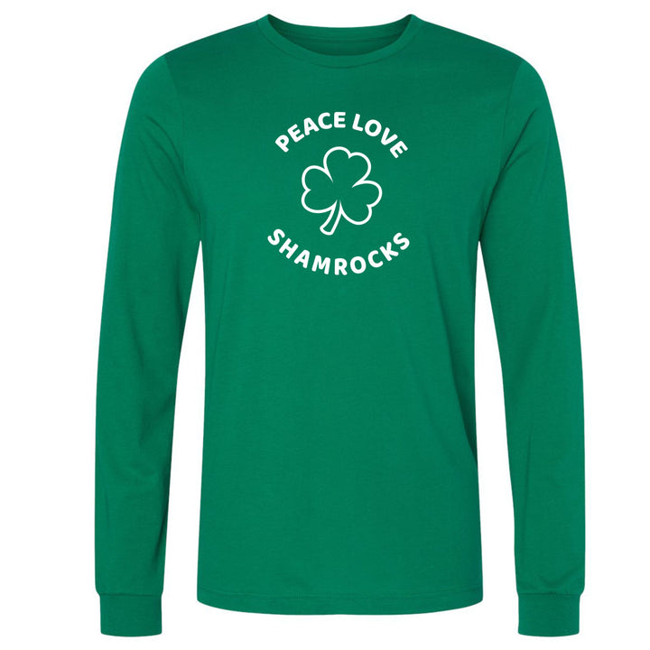 Long sleeve kelly green t-shirt with Peace Love and Shamrocks in white font 