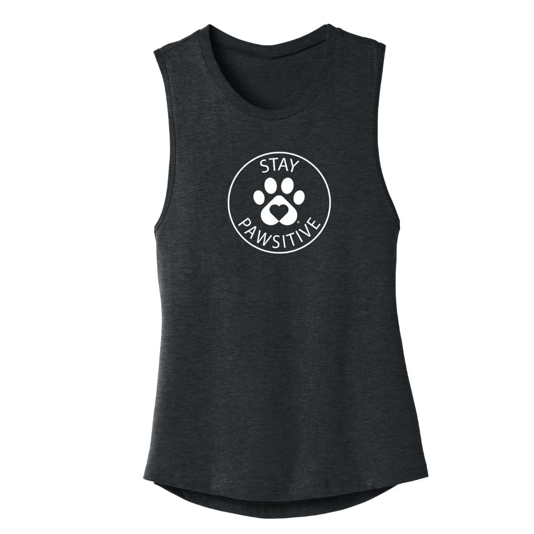 Stay Pawsitive - Dark Grey Heather muscle tank top for women from Luv the Paw