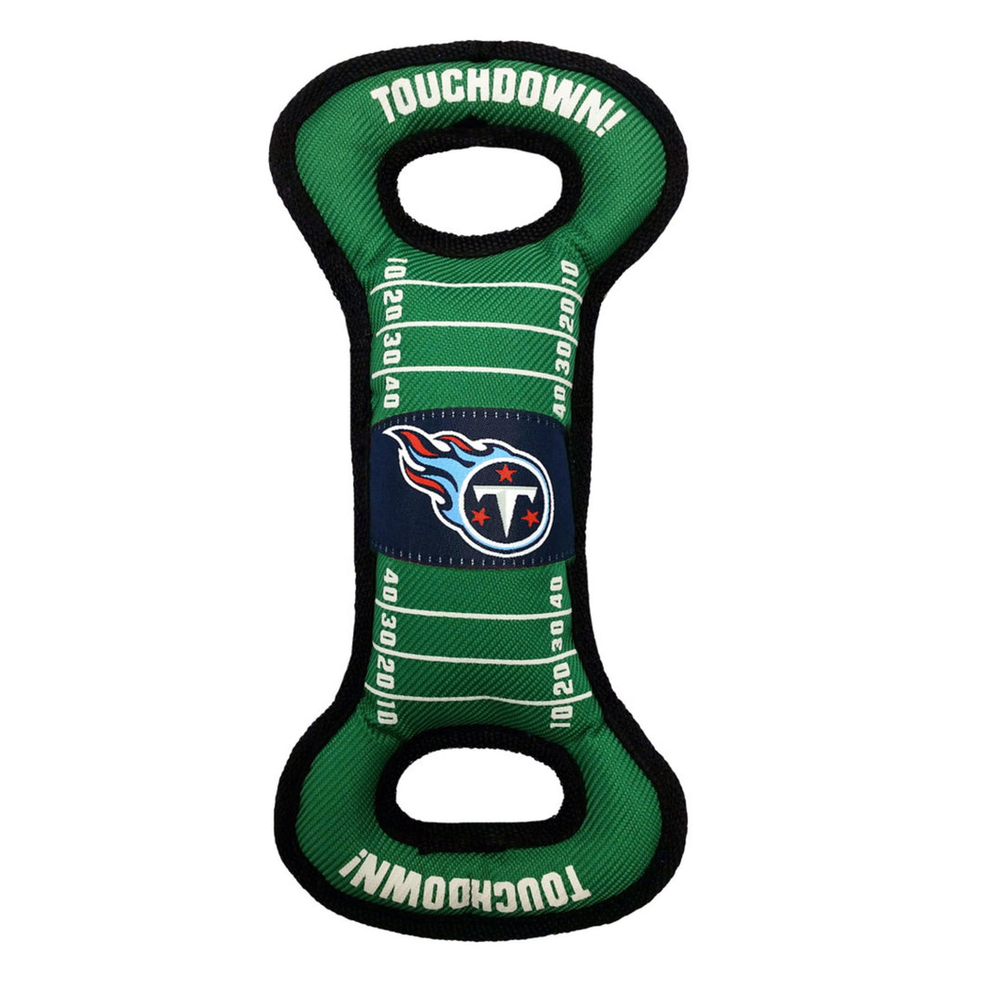 Official Tennessee Titan Logoed dog tug toy showing casing a football field with the TN logo in the middle.