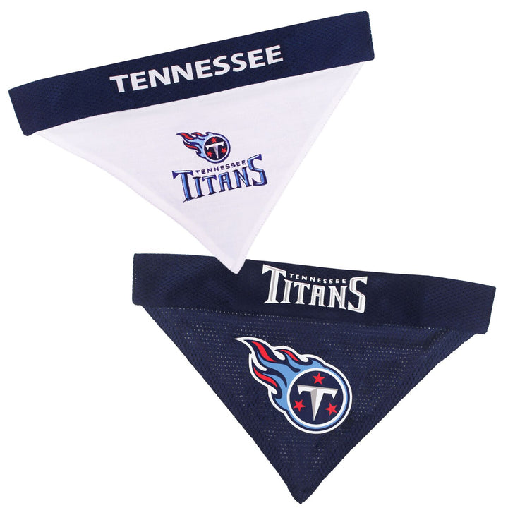 Reversable Tennessee Titans through-the-collar pet bandana. White on one-side with the logo in the middle and blue mesh on the other side with the logo in the middle.