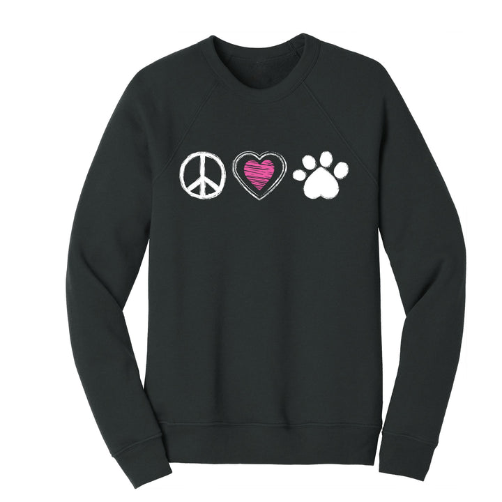 Dark Grey Heather Sponge Fleece Sweatshirt from Luv the Paw with Peace, Love and Paw symbols in white. The heart is pink in the middle. 