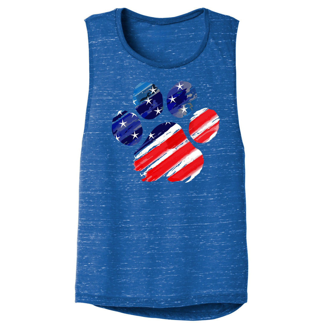 Women's muscle tank top in royal blue marble that features an american flag theme paw print