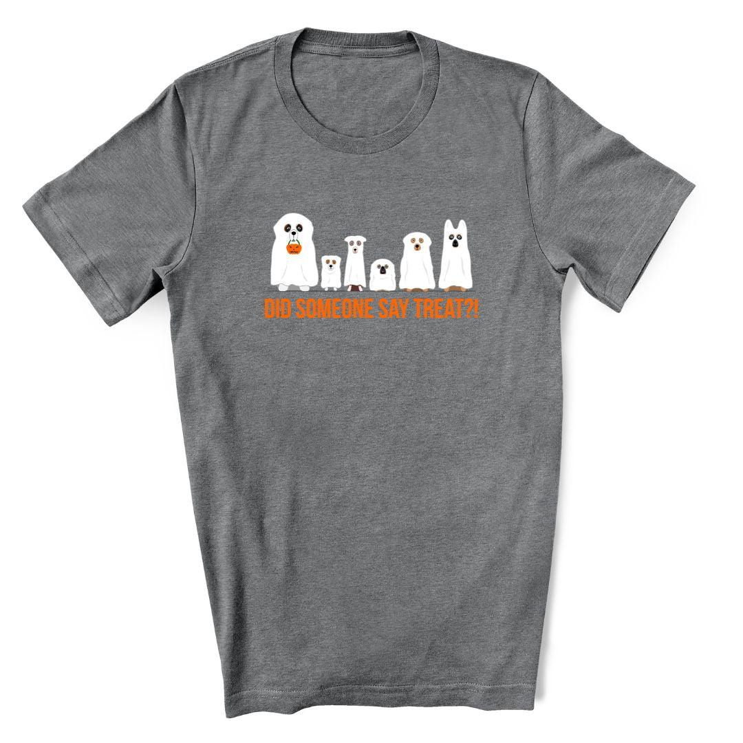 Did Someone Say Treat?  Funny Halloween t-shirt in athletic heather  featuring dogs in ghost costume 