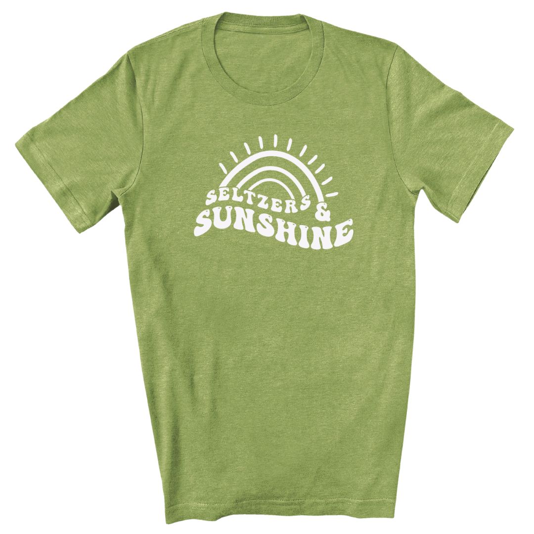 Fun summer shirt that says seltzers and sunshine on lime green color t-shirt