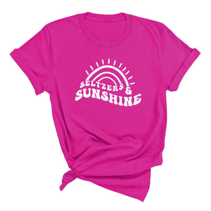 Fun summer shirt that says seltzers and sunshine on berry pink color t-shirt