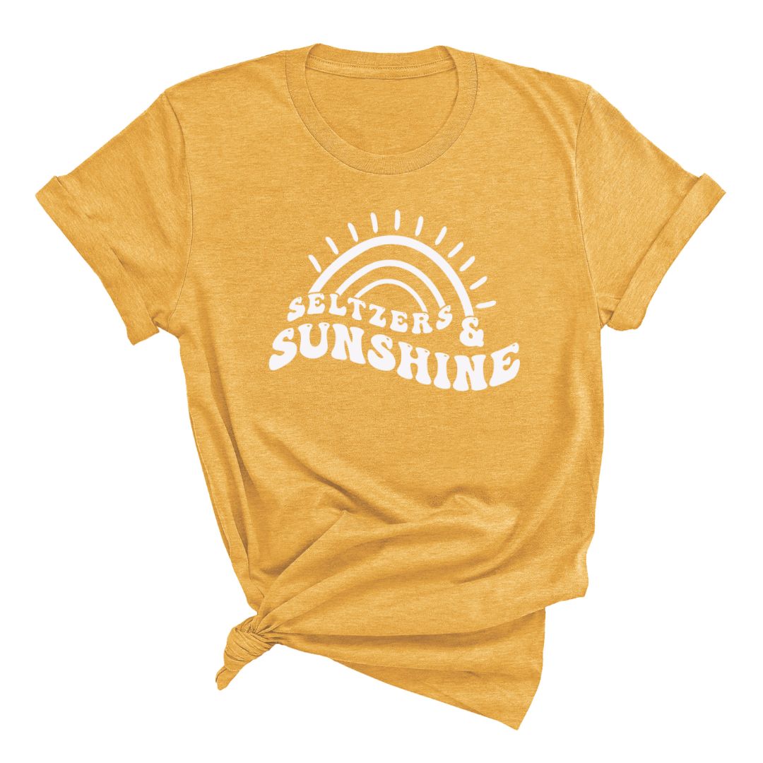 Fun summer shirt that says seltzers and sunshine on gold color t-shirt