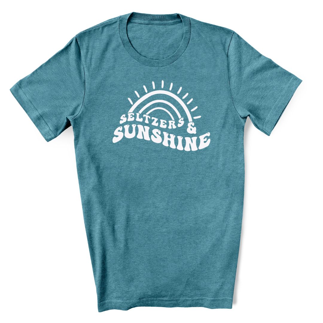 Fun summer shirt that says seltzers and sunshine on teal color t-shirt